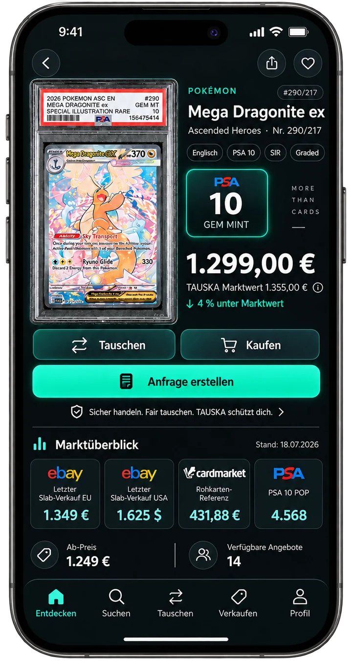 Tauska App: Kartenansicht Mega Dragonite ex, PSA 10 Gem Mint, für 1.299,00 € mit Tauska-Marktwert, Buttons zum Tauschen, Kaufen und Anfrage erstellen sowie Marktüberblick mit eBay-, Cardmarket- und PSA-Daten